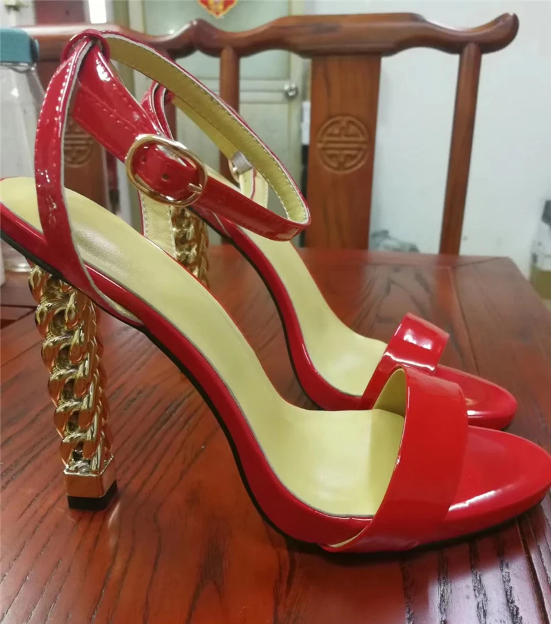 Unic de Metal de Aur Tricotate cu Toc Sandale Femei-curea pantofi de Piele de Brevet Ciudat Toc Pantofi de Vara pentru Femeie