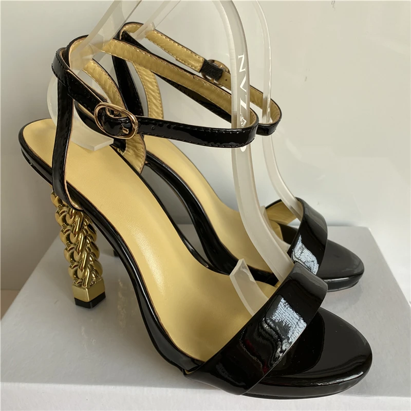 Unic de Metal de Aur Tricotate cu Toc Sandale Femei-curea pantofi de Piele de Brevet Ciudat Toc Pantofi de Vara pentru Femeie