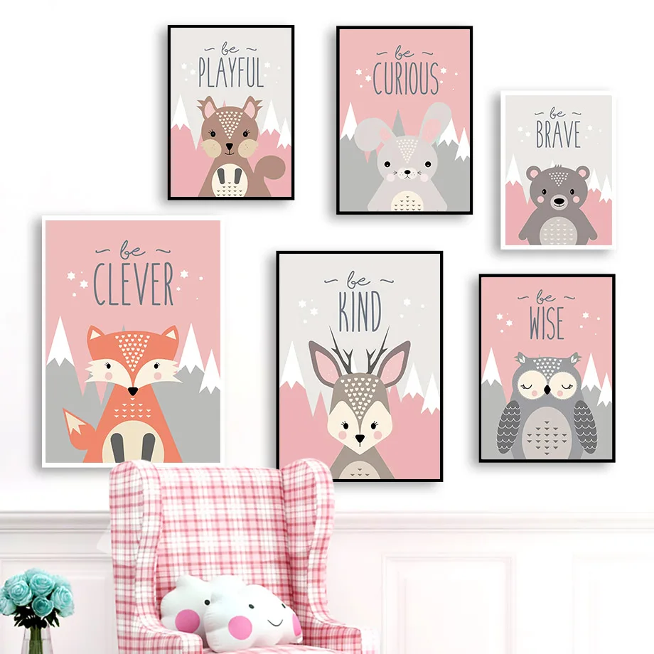 Drăguț Vulpe, Urs, Iepure, Cerb Bufnita Veveriță Nordic Postere Si Printuri De Arta De Perete Panza Pictura Desen Animat Poze De Perete Decor Camera Pentru Copii