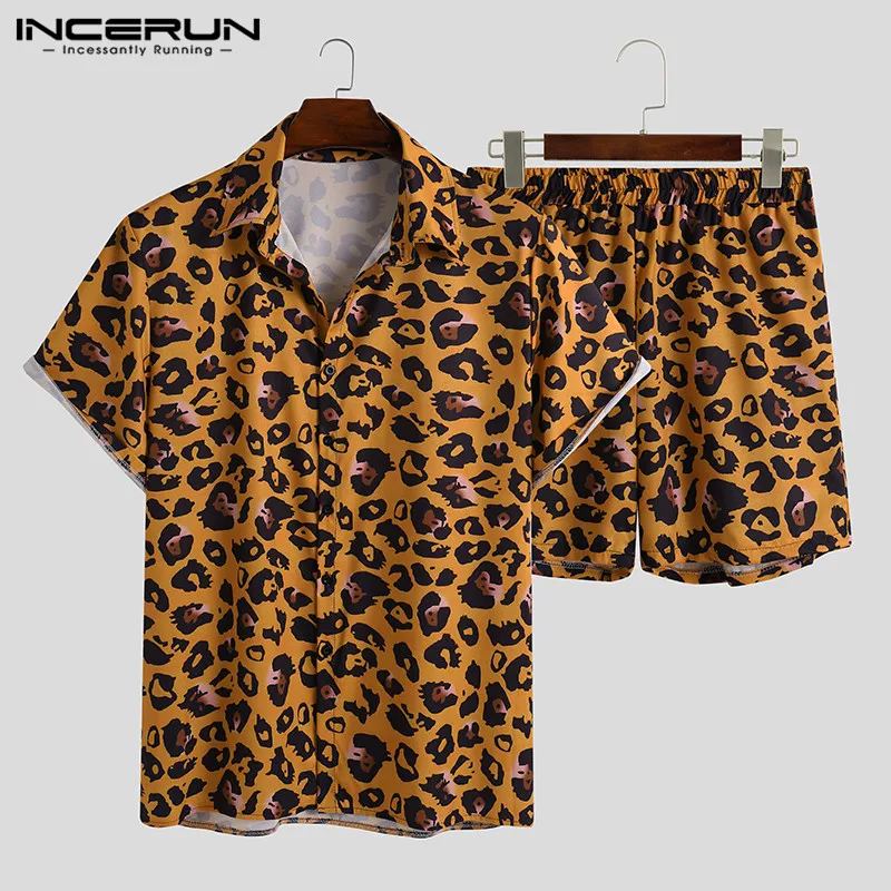 Bărbați Seturi de Leopard de imprimare de Moda Costume de Rever Maneca Scurta Camasi pantaloni Scurți Elastice 2 Bucăți Om de Vară Vocație Seturi de Plaja INCERUN