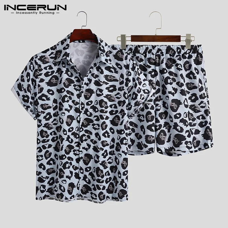 Bărbați Seturi de Leopard de imprimare de Moda Costume de Rever Maneca Scurta Camasi pantaloni Scurți Elastice 2 Bucăți Om de Vară Vocație Seturi de Plaja INCERUN