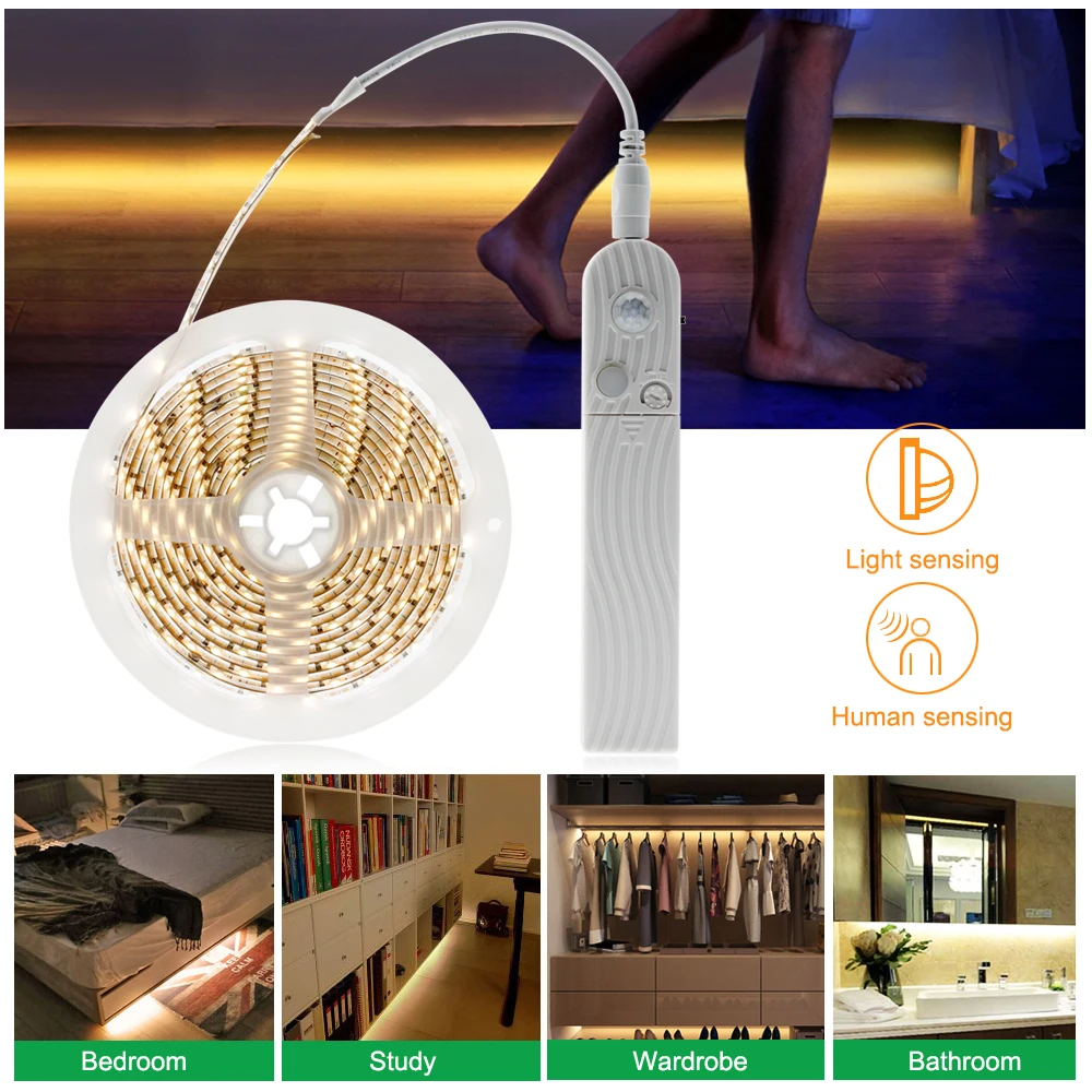 LED-uri Lumina Pridvor de Mișcare PIR Senzor de Noapte Lumina de 1M, 2M, 3M Baterie DIY Flexibil LED Strip Lumina Pridvor Lampa