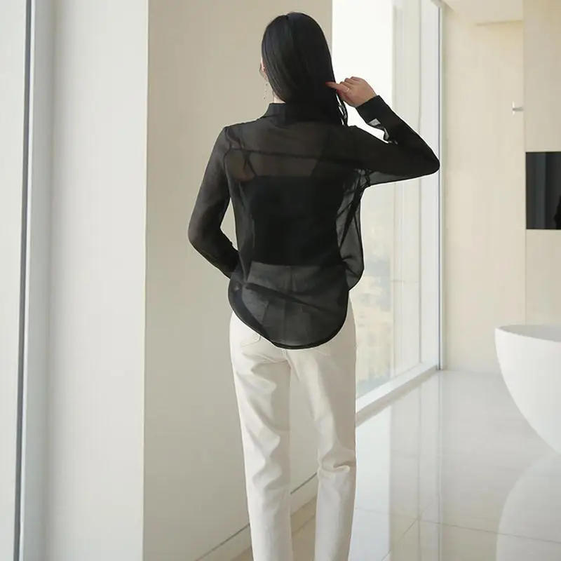 Bluza Femei Negru Transparent Șifon Bluza Femei Top Ultra Subțire Sexy Blusas Ropa De Mujer