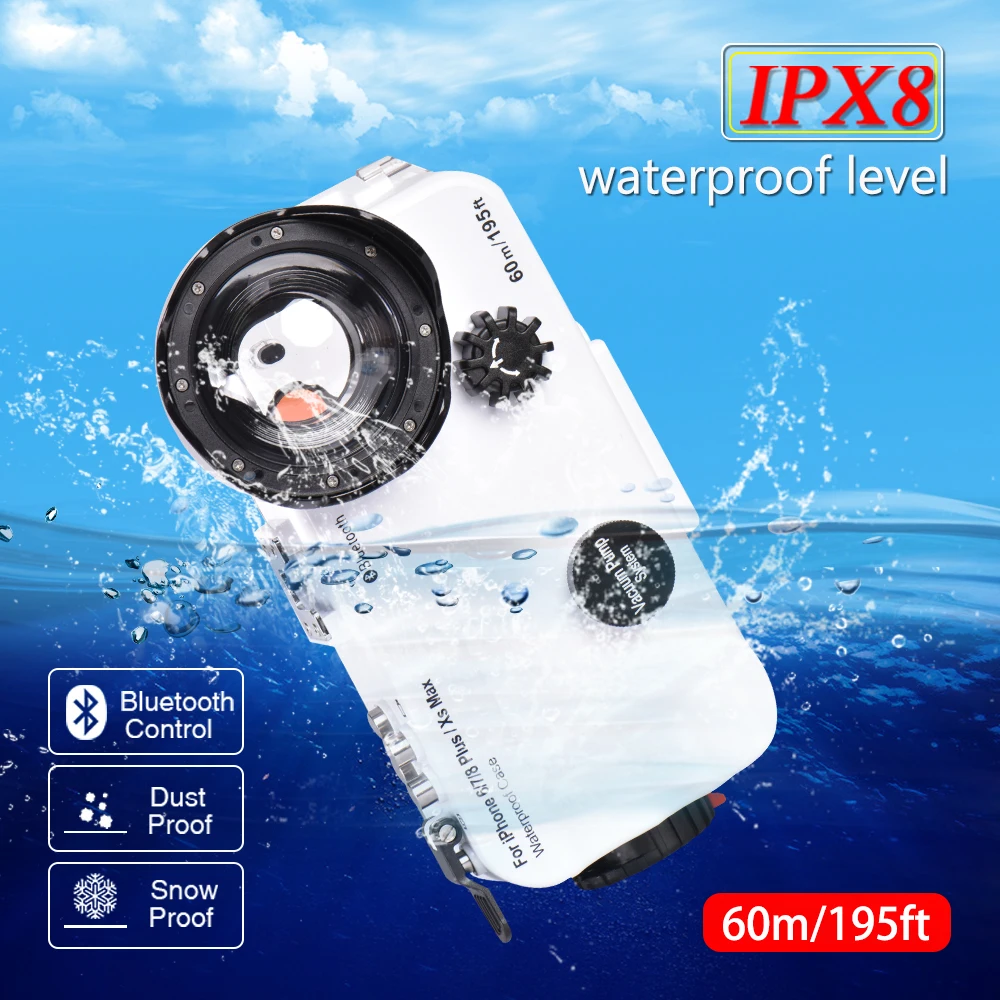 Seafrogs 60m/195ft Bluetooth rezistent la apa de Locuințe Scufundări Telefon Caz Acoperire Sac Pentru iPhone 6/7/8 Plus/Xs Max -Alb
