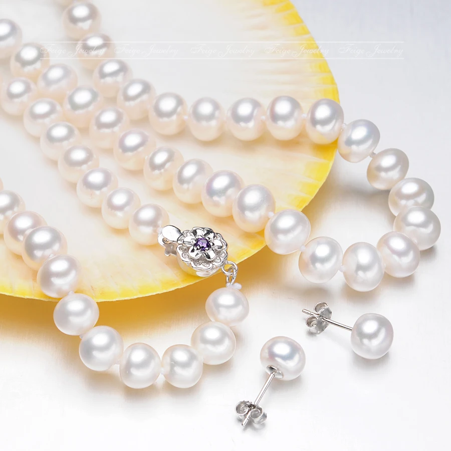 FEIGE Reale 7.5-8.5 mm, Perle Naturale Seturi de Bijuterii pentru Femei Cercei Argint 925 Brățară Colier Set de Bijuterii Perla Accesibile