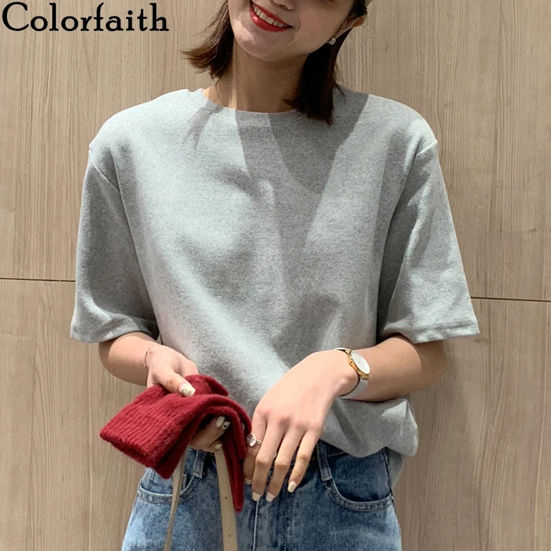 Colorfaith Noi 2020 Femei Primavara-Vara T-Shirt Solid Mai Multe Culori Bottom Casual Stil Minimalist Topuri Largi Tunica T3883