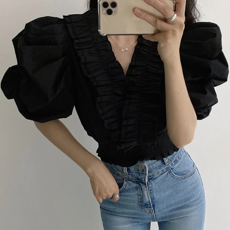 Vintage Manșon de Puf pentru Femei Bluza Volane V-Gât Stil coreean Topuri Elegante, Sexy Alb Negru Slim scurt Cultură Bluza Femei