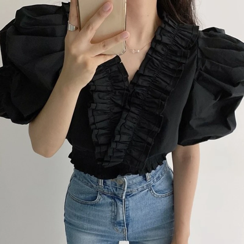 Vintage Manșon de Puf pentru Femei Bluza Volane V-Gât Stil coreean Topuri Elegante, Sexy Alb Negru Slim scurt Cultură Bluza Femei