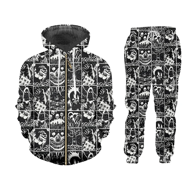 UJWI 3D Full Tipărite Alb-Negru benzi Desenate de Groază Jacheta cu Gluga Pantaloni Barbati Personalizate Strada Costum de Iarna de Dimensiuni Mari de Moda de Îmbrăcăminte