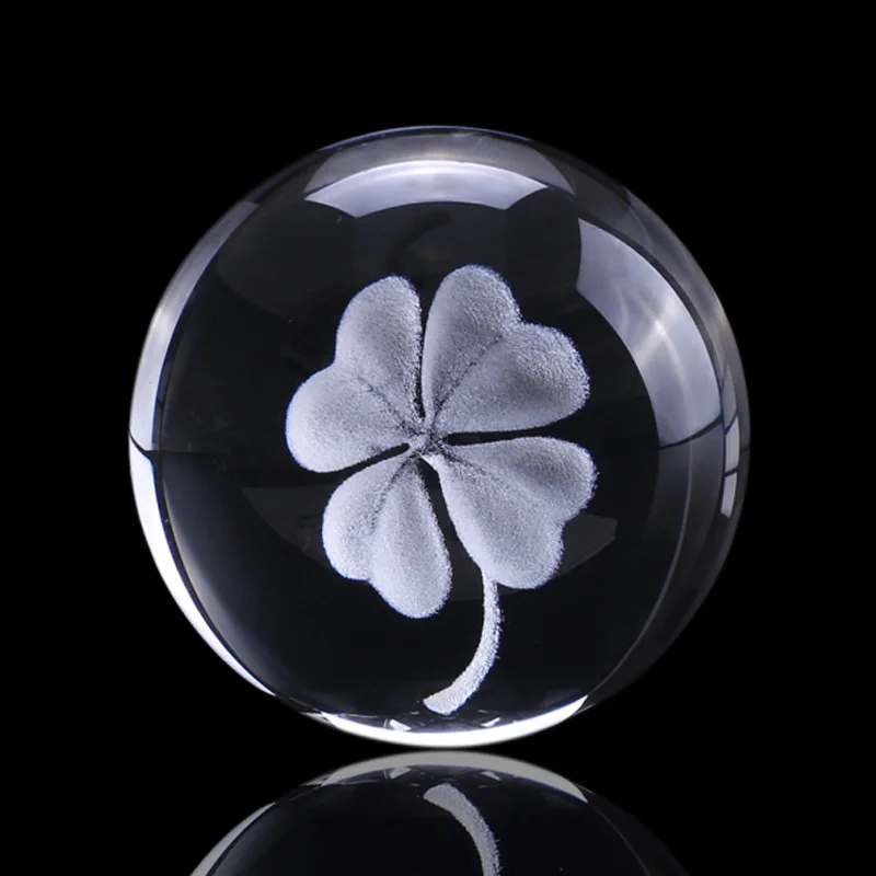 6CM 3D sunt Gravate cu Laser, Patru Frunze de Trifoi glob de Cristal in Miniatura Glob de Sticlă Cristal Meșteșug Decor Acasă Minge Norocos Ornament Cadou