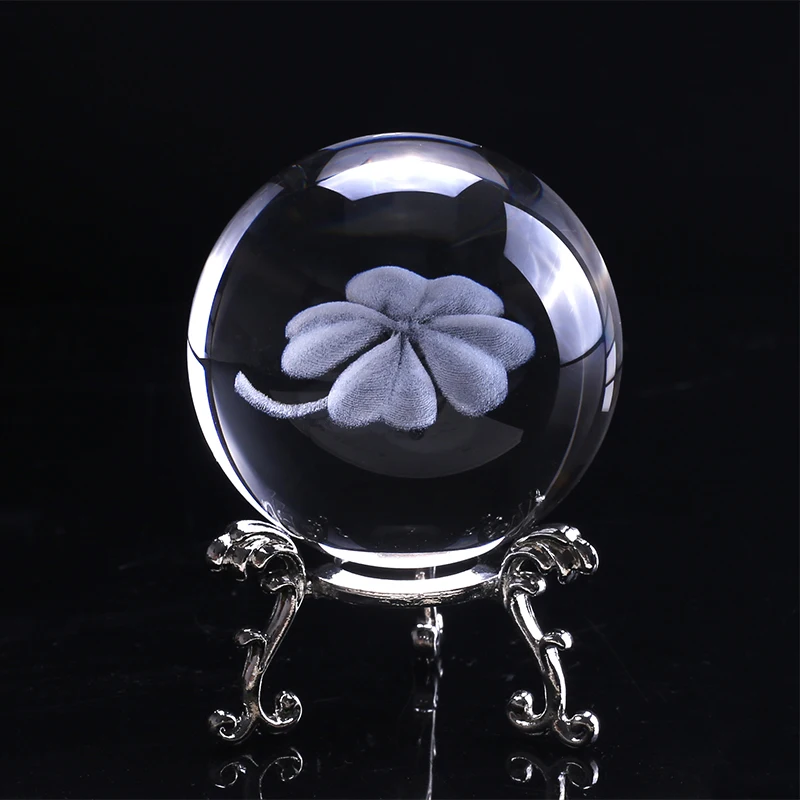 6CM 3D sunt Gravate cu Laser, Patru Frunze de Trifoi glob de Cristal in Miniatura Glob de Sticlă Cristal Meșteșug Decor Acasă Minge Norocos Ornament Cadou