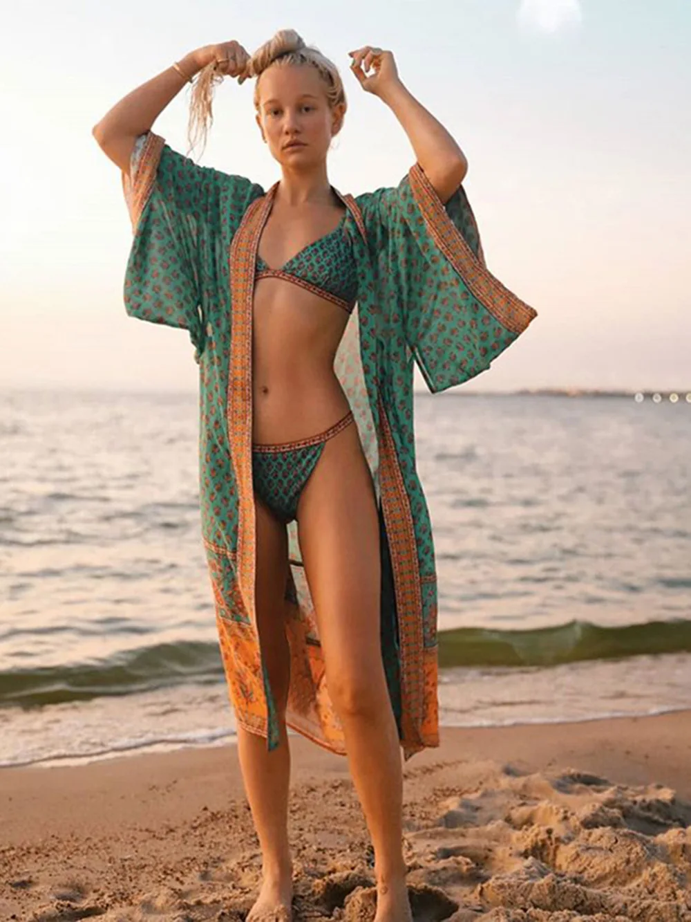 Melphieer Femei Beachwear Kimono Lung Liber halat cu mâneci largi legături cercevea rochie lunga rochie de plaja