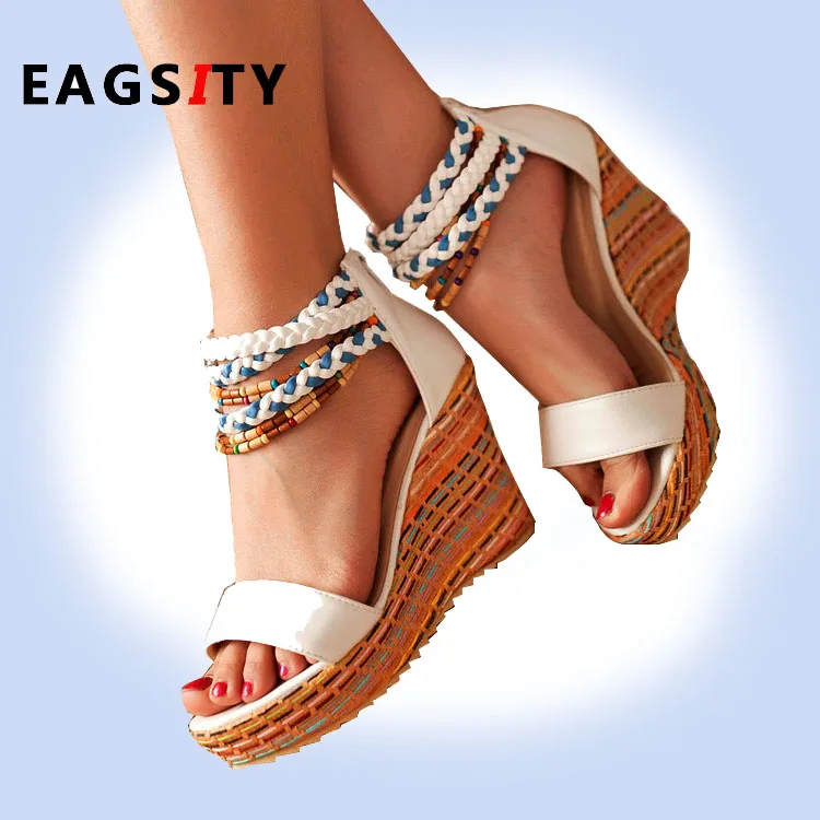 EAGSITY stil Etnic femei pene platforma toc pătrat Bohemia sandale de plaja, petrecere de nunta pompe alb doamnelor pantofi cu toc