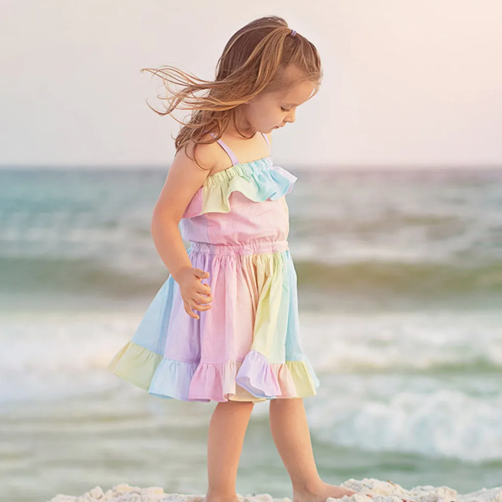 40# Rochie de Vara pentru Copii Copilul fetițe fără Mâneci Volane Rainbow Beach Suspensor Rochie Haine de Copii Haine de Fete תחפושות לת