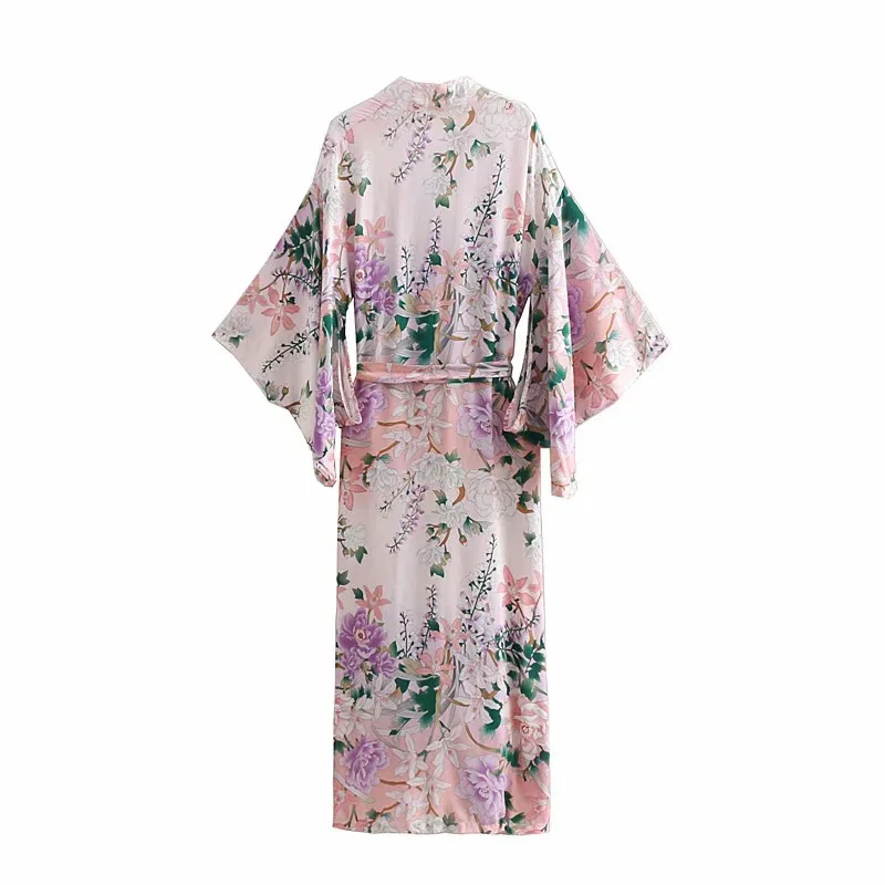 Fitshinling Print Floral Kimono Split Slim Sexy Cardigan Lung Cu Curea Flare Sleeve Baie Purta Boem Plajă Femei Nou