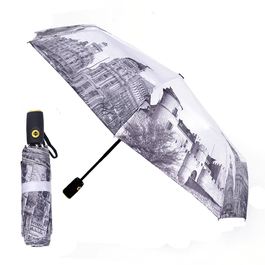 Automate de Trei-pliere Windproof Soare și ploaie Umbrelă Umbrelă de soare Arhitectural Pictura Femei Bărbați Vintage Umbrelă de Ploaie