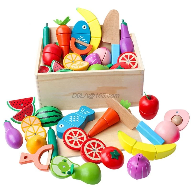 Din Lemn Clasic Joc De Simulare De Bucătărie Serie De Jucării Cutie Mare De Tăiere De Fructe Și Legume De Set Jucarii Montessori Educația Timpurie Cadouri