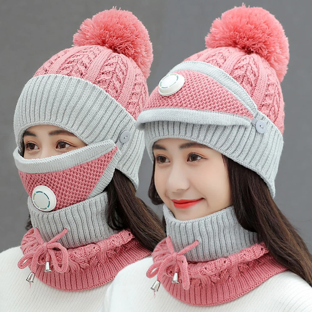 Iarna Căciuli tricotate Pălării Femei Gros Palarie Cald în aer liber, Călărie Seturi Cald, Respirabil Tricotate Pălărie Cu Masca Eșarfă Beanie Gorro