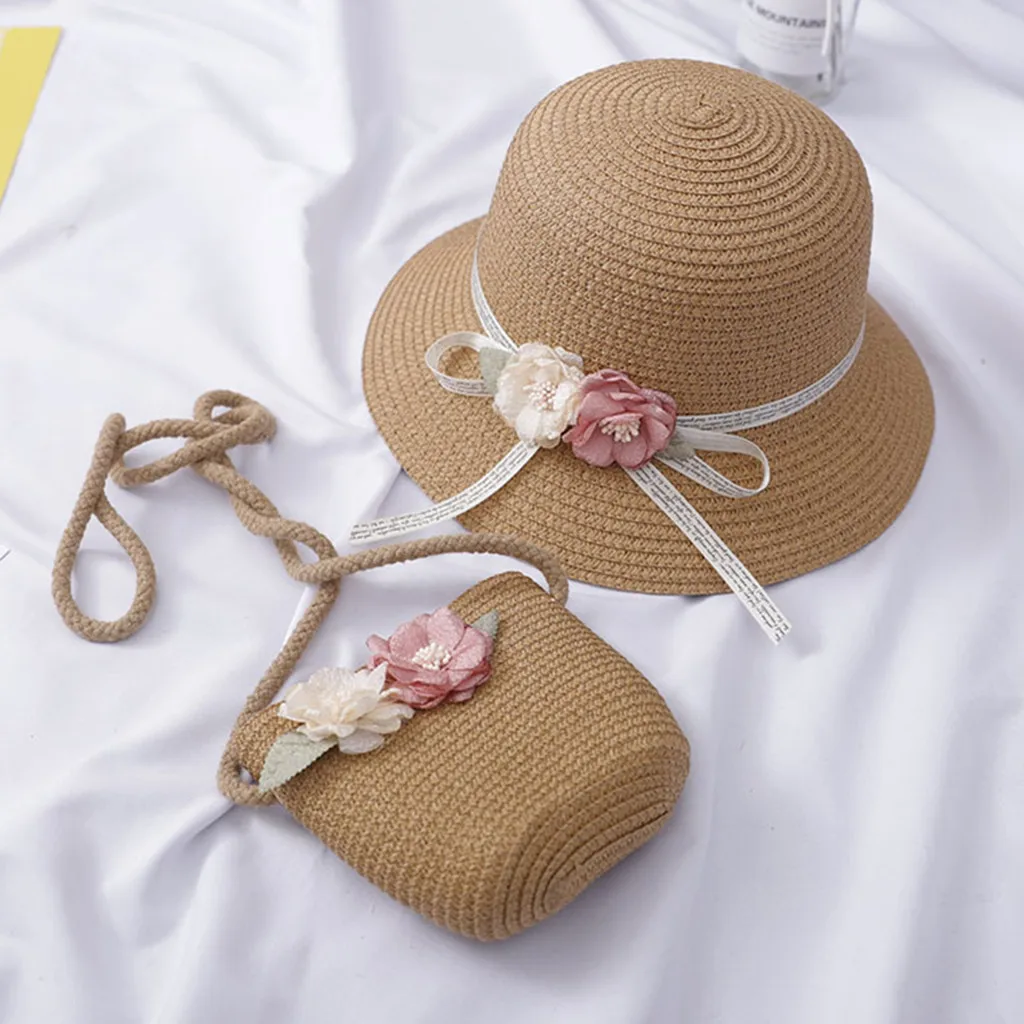 2020 Nou pentru copii Fete Pălărie de Paie Pălărie de Soare Copii de Flori Palarie de Soare Și Geanta Set Culoare Pură Casquette Enfant soarele de vară capace