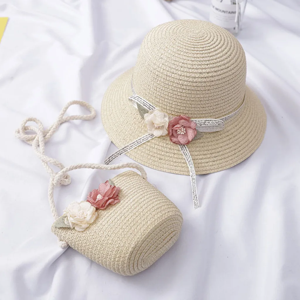 2020 Nou pentru copii Fete Pălărie de Paie Pălărie de Soare Copii de Flori Palarie de Soare Și Geanta Set Culoare Pură Casquette Enfant soarele de vară capace