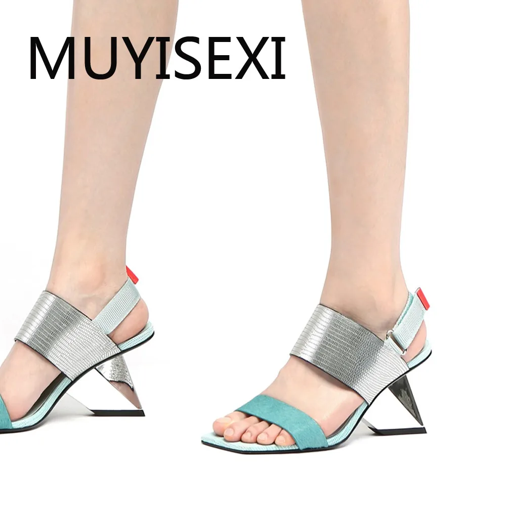 Piele naturala culori amestecate peep toe 7.5 cm unic tocuri inalte femei sandale brand de pantofi de vară HL206 MUYISEXI