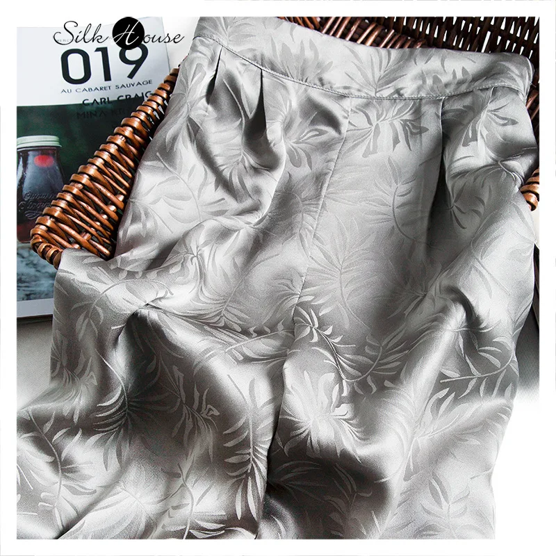 Jacquard de Mătase Capri Pantaloni în Stil francez Elastic de Înaltă Talie Grele de Mătase Satin Pantaloni Largi pentru Femei Pantaloni Casual