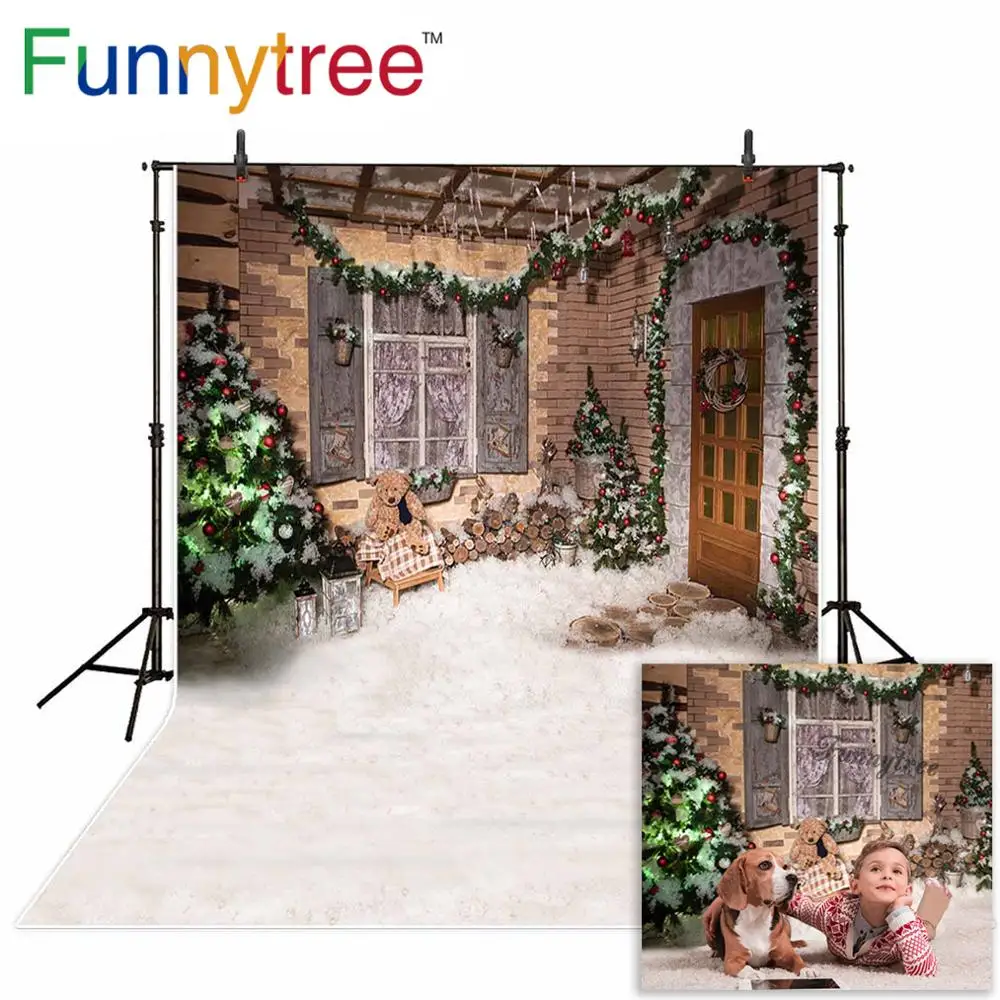 Funnytree fotografie fundal Zăpadă, iarnă, casă, pom de Crăciun petrecere copii nou fond photocall personaliza fotografia imprimată
