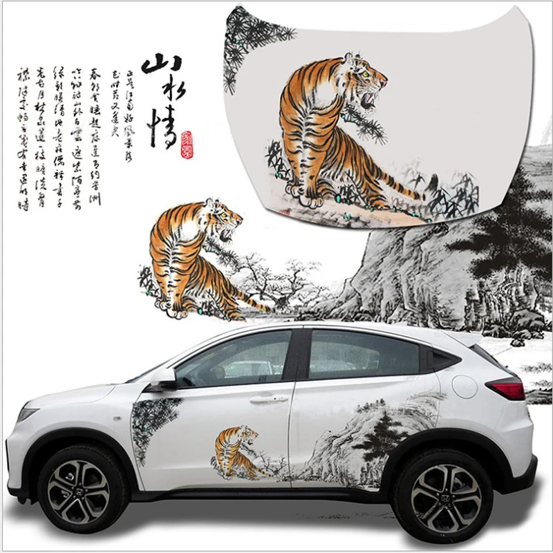 2 buc Masina de Styling Autocolante Auto, Ambele Parte a Corpului Personalizate Creativ Pictura de Cerneală Chineză Tiger Mountain Autocolant Vinil Decal Auto