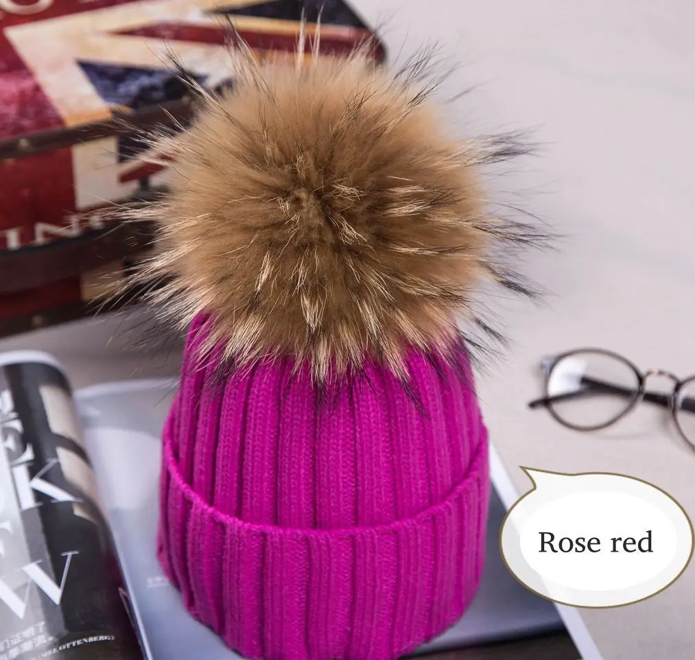 Femei sexy Iarna Racoon Blana Pom Pom 15cm Mingea Knit Beanie caciula de Schi Bobble Hat
