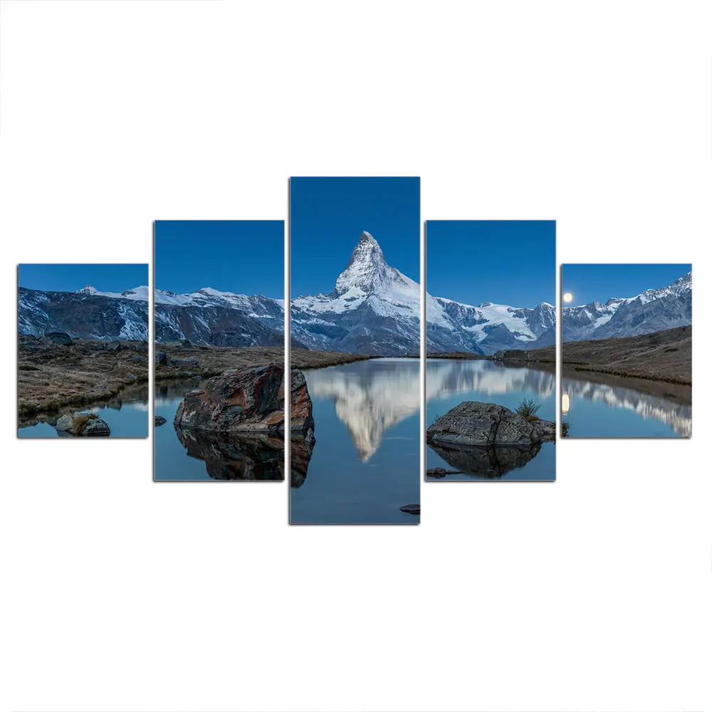 Matterhorn Cu Reflectare În Stelli Lac Poster Panza Pictura Arta De Perete Poze Rama Decor De 5 Piese De Decor Acasă