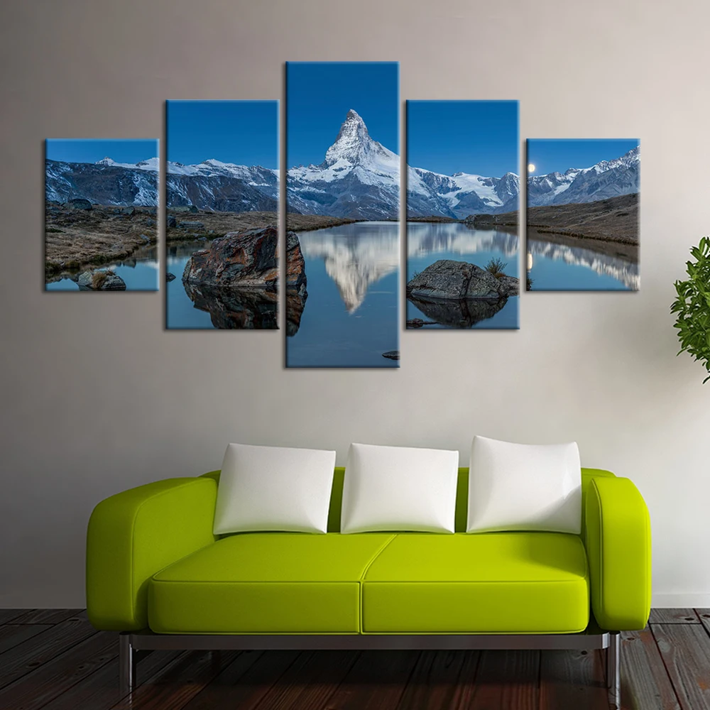 Matterhorn Cu Reflectare În Stelli Lac Poster Panza Pictura Arta De Perete Poze Rama Decor De 5 Piese De Decor Acasă