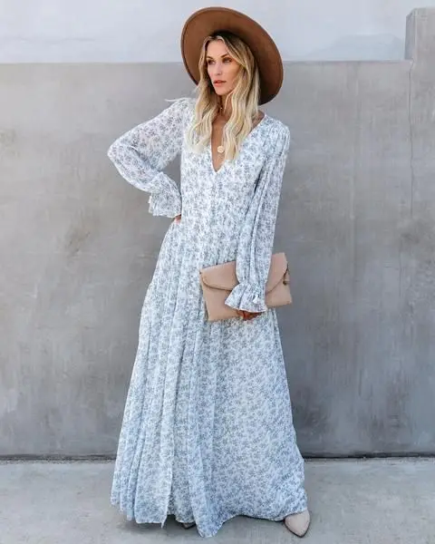 Elegant florale de imprimare alb rochie de Femei sexy v-neck maneca lunga talie mare swing maxi rochie 2020 vestidos boho-hippie chic