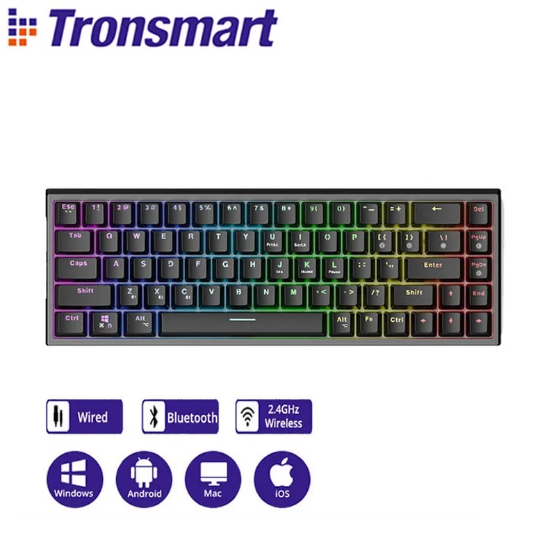 Tronsmart Elite Mechanical Keyboard Blue Switch-uri de Jocuri de noroc suport Tastatură Bluetooth/Cablu/2.4 G Conexiune, Anti-ghosting pentru PC