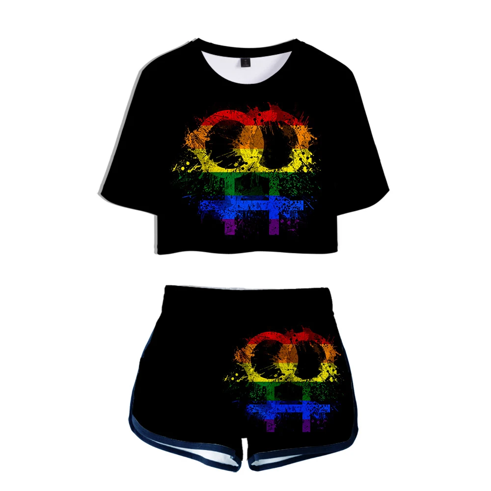 Lgbt Dragoste Gay Lesbiene Curcubeu De Imprimare Set De Două Piese Harajuku Haine De Vară Pentru Femei 2 Bucată De Costume De Motociclist Pantaloni Scurți De Trening Femei