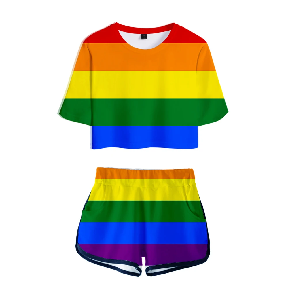 Lgbt Dragoste Gay Lesbiene Curcubeu De Imprimare Set De Două Piese Harajuku Haine De Vară Pentru Femei 2 Bucată De Costume De Motociclist Pantaloni Scurți De Trening Femei