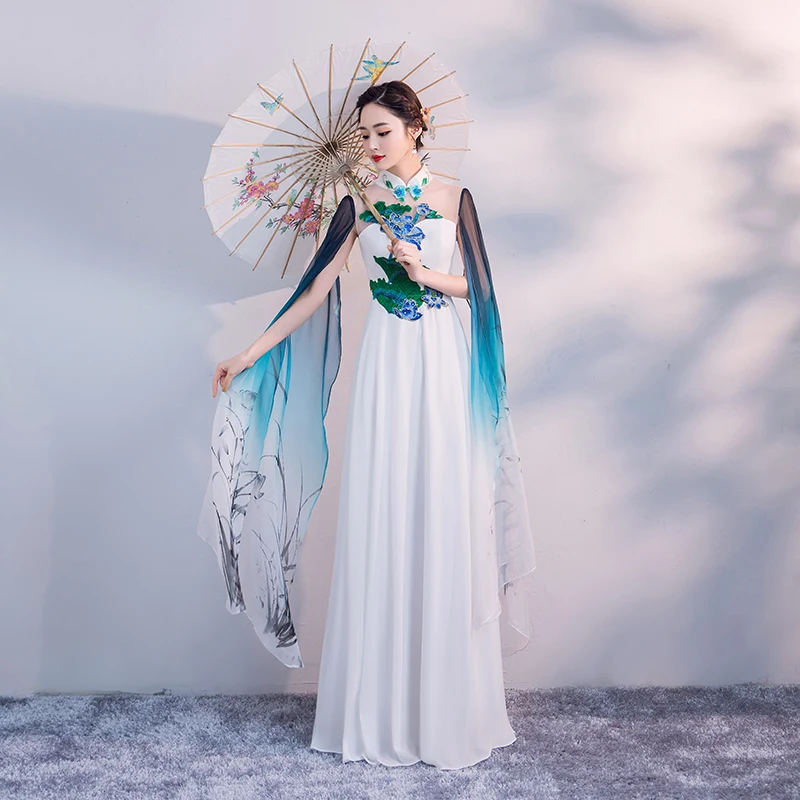Noi Doamnelor Îmbunătățit Cheongsam Chineză Sexy modelul Lung Show Dress salonul Auto de Rochii de Moda pentru Femei Cantata de Performanță rochie Maxi