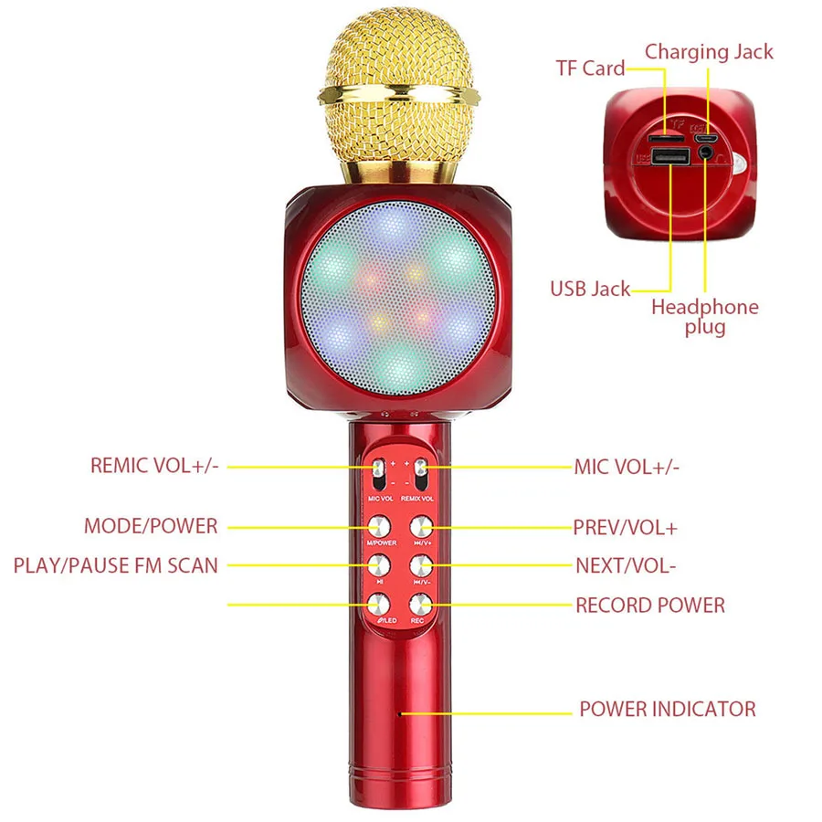 Wireless Bluetooth KTV Difuzor de Lumină LED Music Player pentru Telefon Difuzor Microfon 2 in 1 Microfon Karaoke Copii, Jucarii