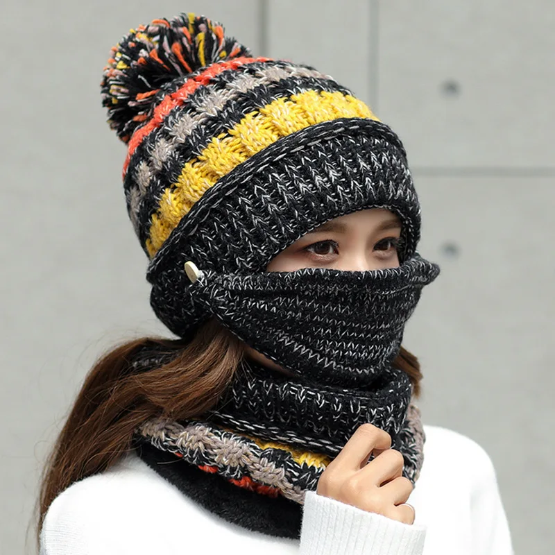 NNew Balaclava Tricotate Pălării de Iarnă pentru Femei Mască Gros Cald Chelioși Căciuli Capace Pentru Fata Proteja Gâtul Costum din Trei piese Cap de Zăpadă