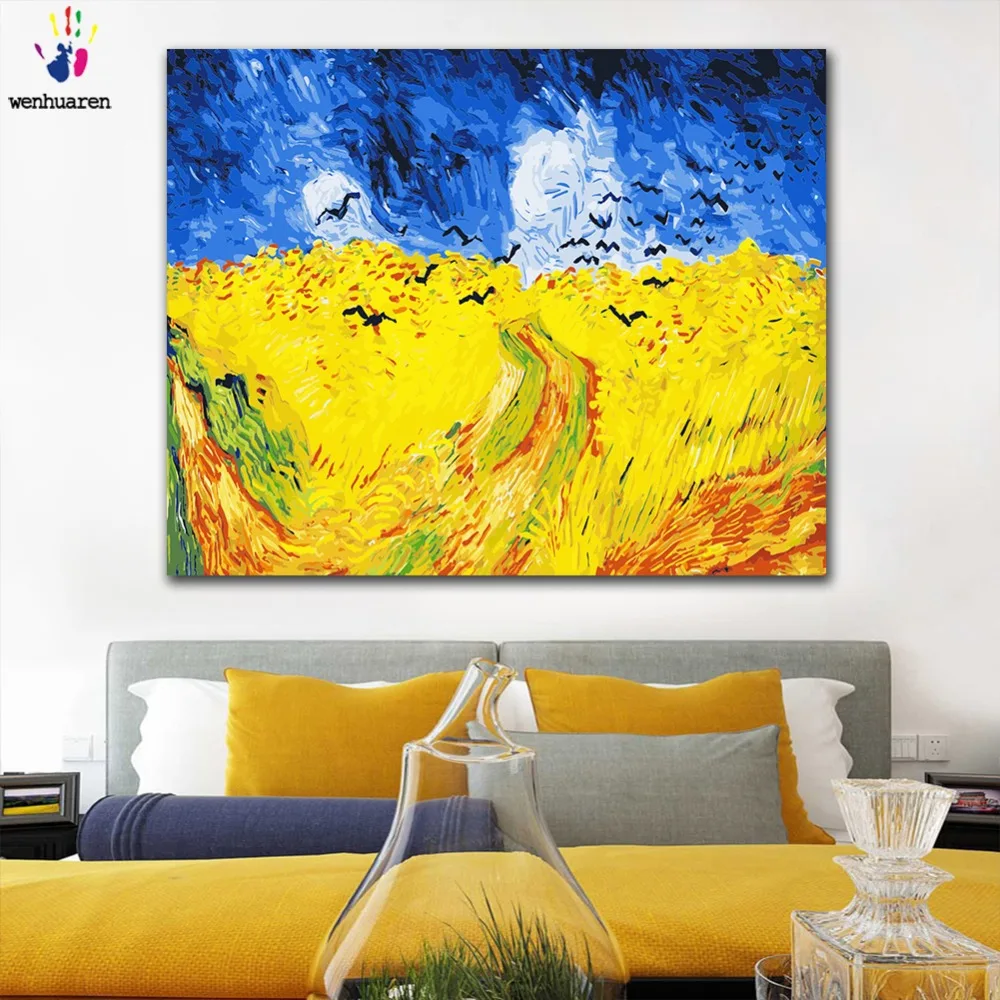 DIY coloranți imagini de numere cu culori câmp de Grâu cu ciori Van Gogh imagine de desen, pictură de numere încadrată Acasă