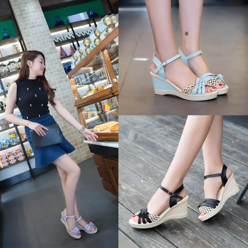 Femeile Cool Primăvară & Vară Cer Albastru Pană Toc De Curea Cataramă Cu Toc Sandale Doamna Cool Sandale Elegante Sandalias De Mujer E2359