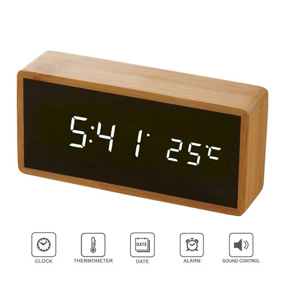 Din Lemn de bambus Oglindă Ceasuri de Alarmă de Temperatură Sunete Control Desktop Ceas Cu Ceas Digital Electronic cu LED Ceasuri Despertador