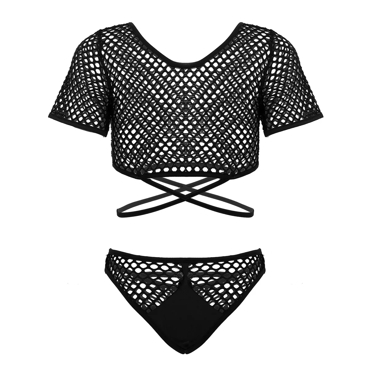 Femei Hollow Out Compensate Bikini Set de Lenjerie Scoop Gât Mâneci Scurte Topuri de Cultură Cu Bikini de Plaja Fishnet Costume de baie