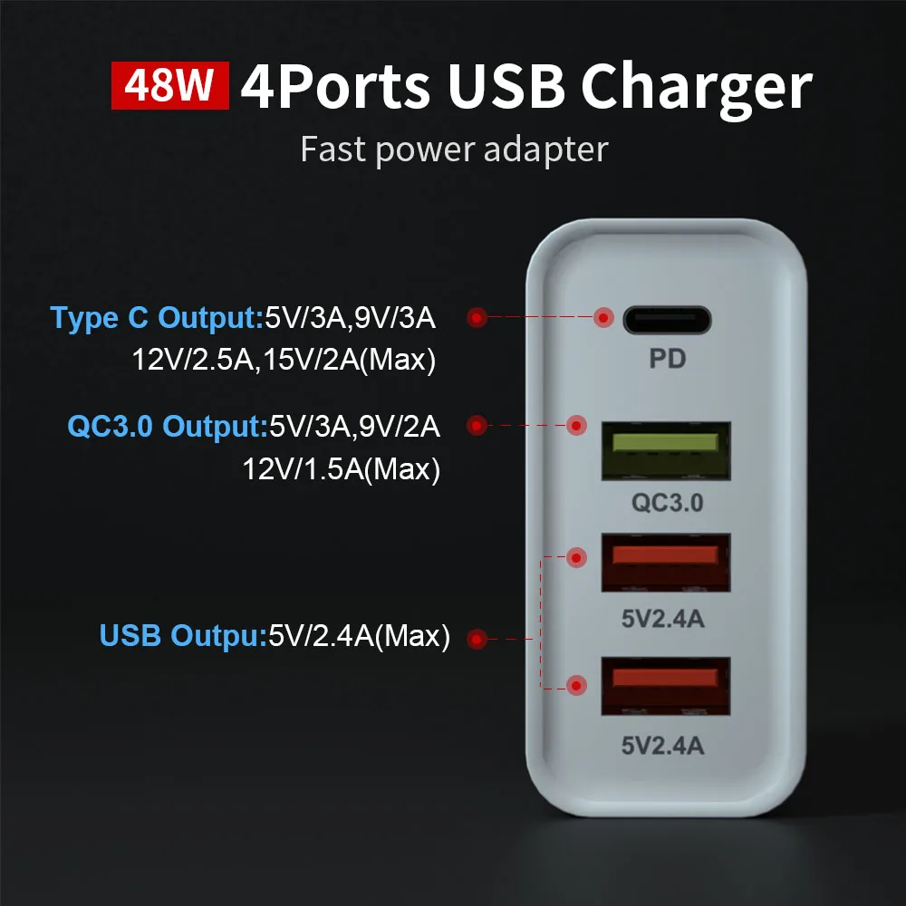 PD 48W Charge Încărcare Rapidă QC 3.0 4 USB de Tip C Încărcător pentru xiaomi 10 9 Apple Mac Telefon 11 Pro Aeriană de livrare de putere Încărcător