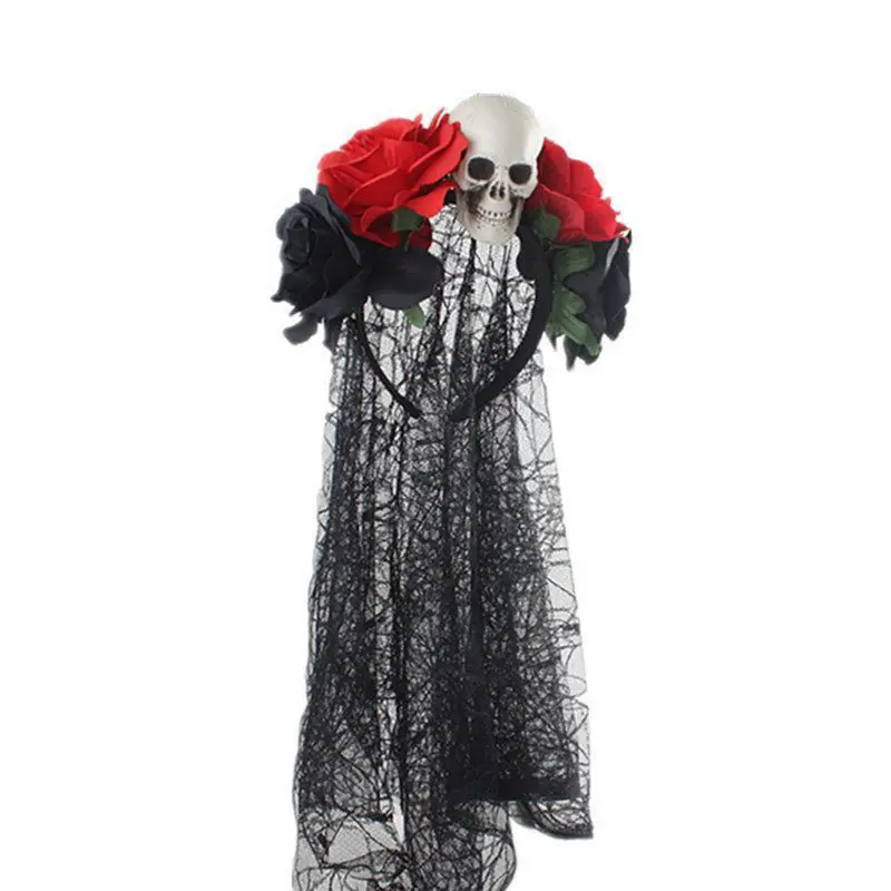 Femei Halloween Artificiale Flori de Trandafir Craniu Fata Bentita cu Dantela Neagra Voal Mexican Ziua Morților Coroana Cosplay Cerc Păr