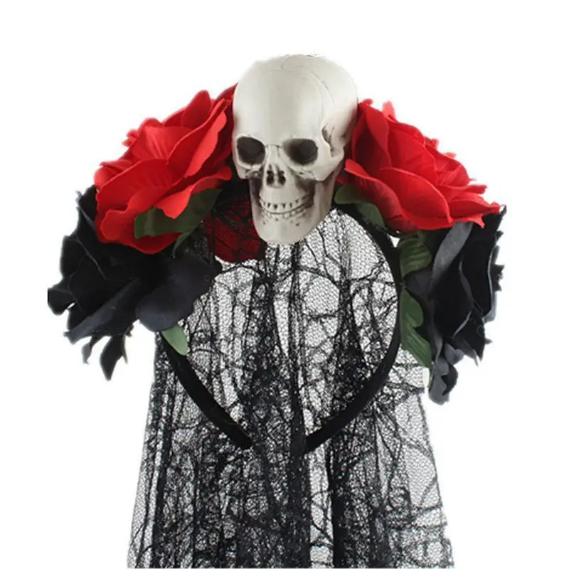 Femei Halloween Artificiale Flori de Trandafir Craniu Fata Bentita cu Dantela Neagra Voal Mexican Ziua Morților Coroana Cosplay Cerc Păr