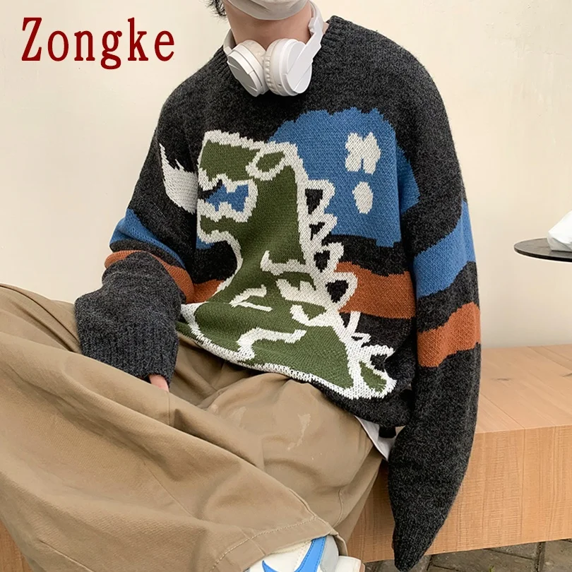 Zongke Pulover tricotat Barbati de Iarna Barbati Haine Pulover Pulovere Barbati Alb Harajuku Pulover Mic Monstru de Imprimare 2021 M-2XL