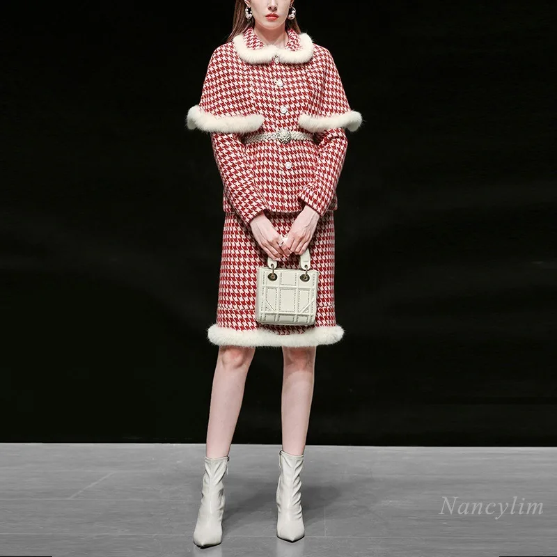 Două Seturi De Piese Femeile 2020 Nou Haine De Iarnă Elegant Detasabila Sacou + Fusta Slim Houndstooth Fuste De Lână Costum Lady