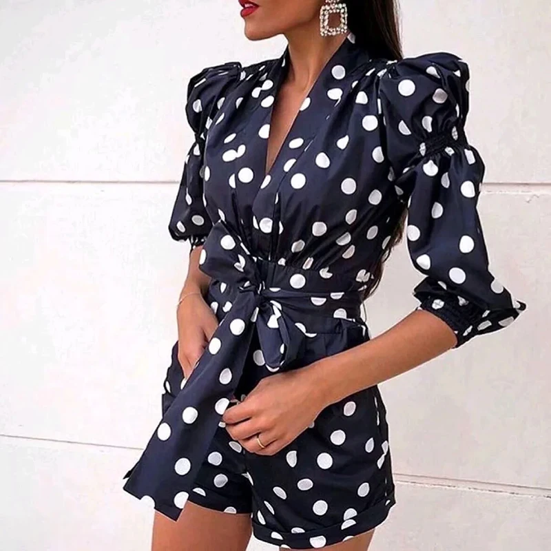 Moda Za Negru Salopete de Vară 2020 Vintage Maneca Lunga Talie Mare, cu Centura Salopeta Scurta Femme de Imprimare Șic Femei Polka Dot
