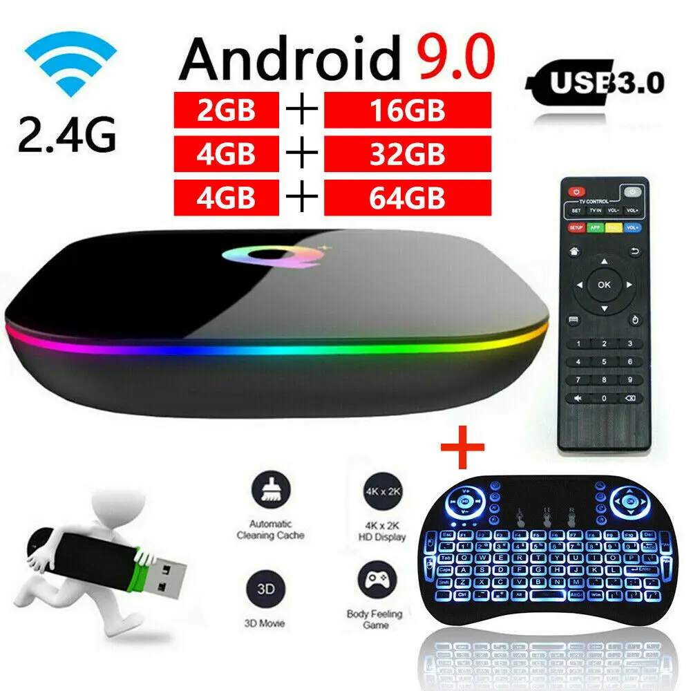 TV Box Q plus Android 9.0 Set Top Box cu tastatura 16GB 32GB 64GB ROM 1080P H. 265 4K 2.4 G wifi Smart Media Player, Set-top box