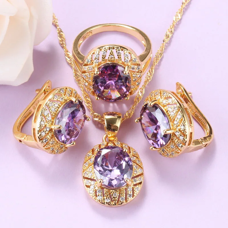 Africa De Mireasa Culoare Aur Galben Mare Set De Bijuterii Pentru Femei Violet Cristal Clip Cercei Și Colier De Lux Din Dubai Bijuterii